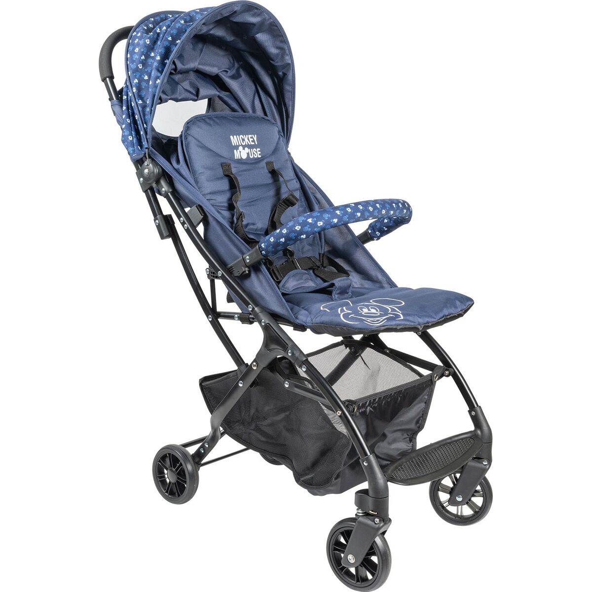 Mickey Mouse CZ10395 Blue Foldable Pushchair, a lightweight stroller for kids 6-36 months with canopy, brakes, and anti-breeze system